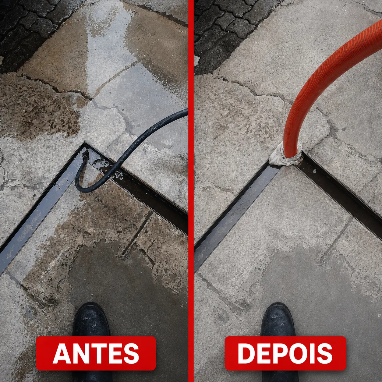 Antes e depois — desentupimento de tubulação